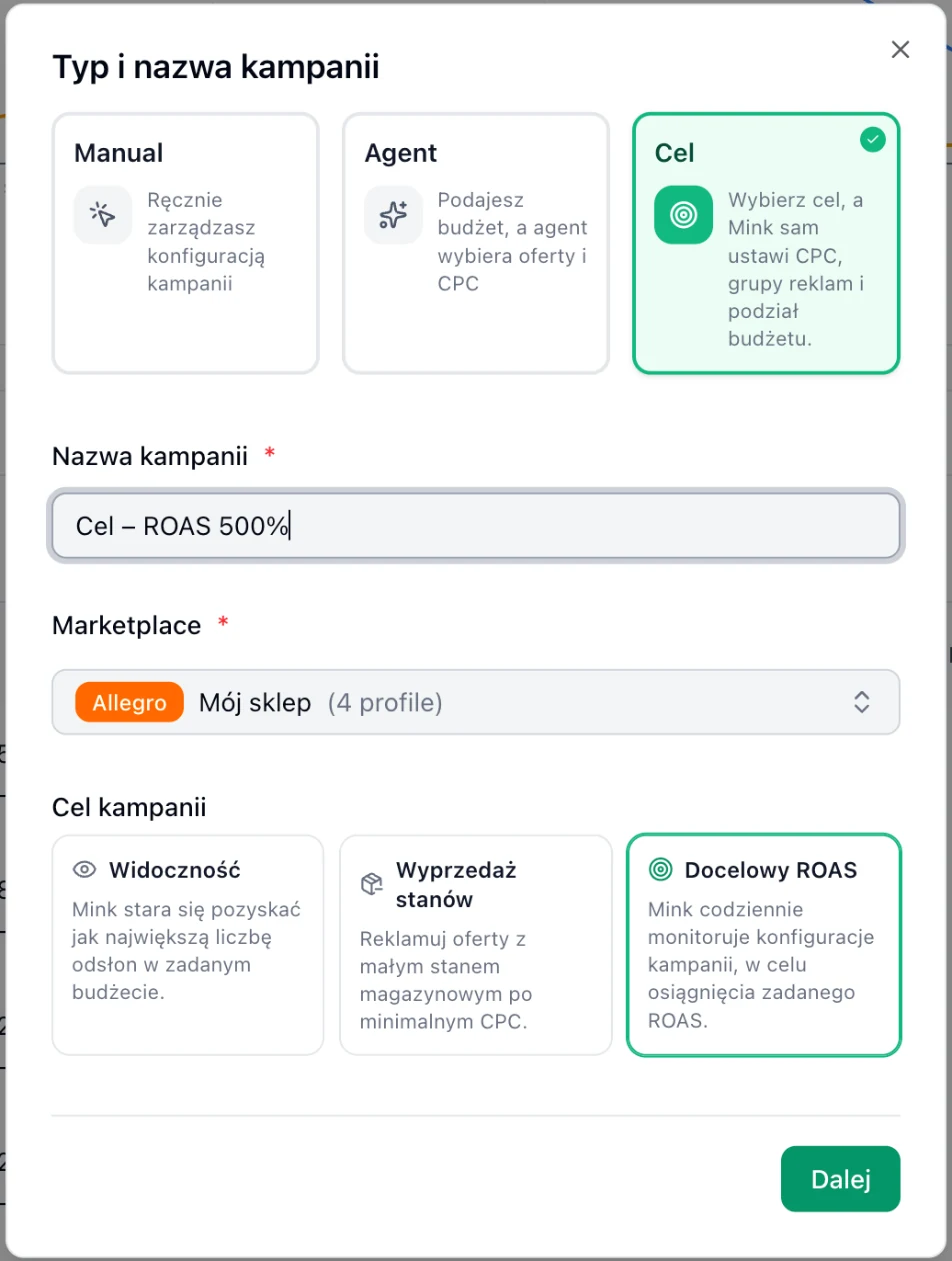 Choosing the "Goal" type and the campaign goal: Visibility, Stock clearance or Target ROAS.
