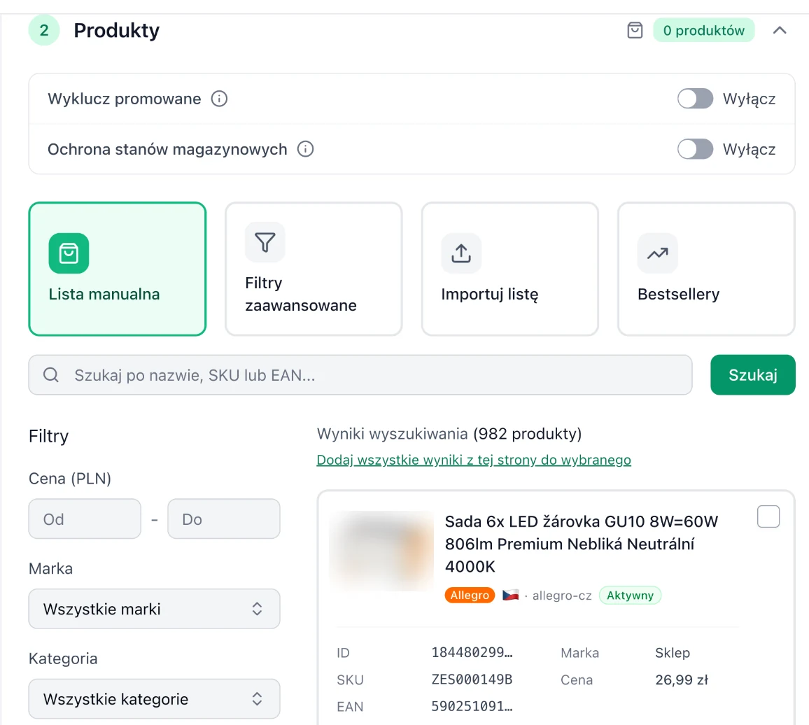 Sekcja „Produkty”: cztery sposoby wyboru ofert, wyszukiwarka i filtry, a nad nimi przełączniki „Wyklucz promowane” i „Ochrona stanów magazynowych”.