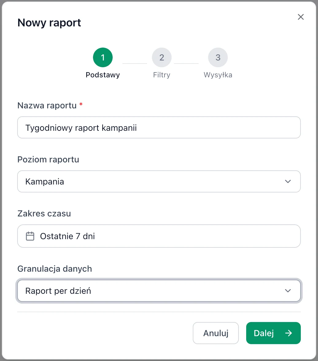 Krok 1 „Podstawy”: raport na poziomie kampanii, za ostatnie 7 dni, w podziale na dni.